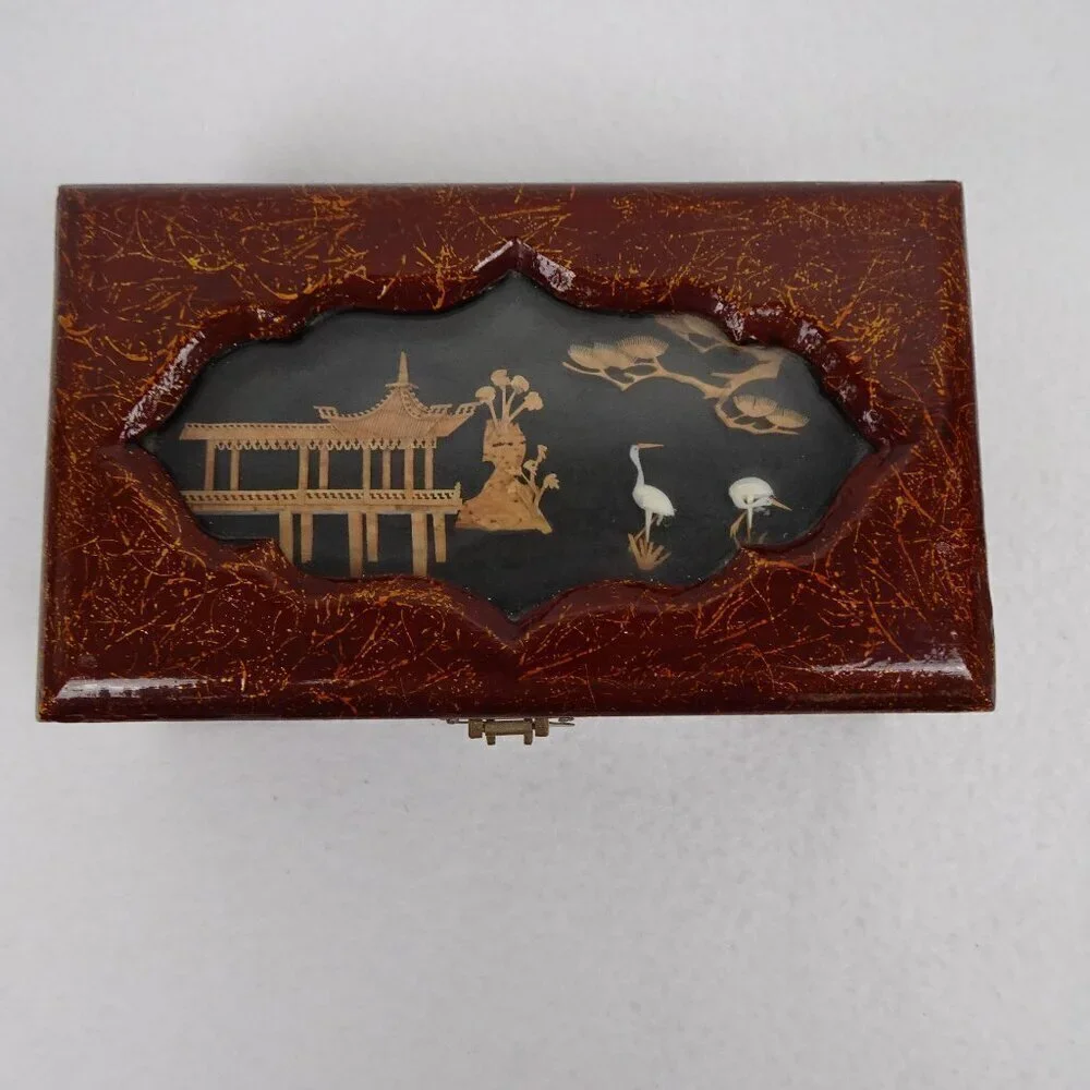 Vintage Asian Jewelry Box Lacquered Carved Diorama Art Inset Pagoda Lined